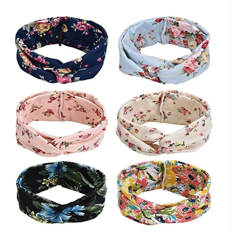 

6Pcs/Set Women Girls Wide Headband Bohemian Colorful Tropical Floral Print Hairband Criss Cross Knotted Sports Makeup Headwrap
