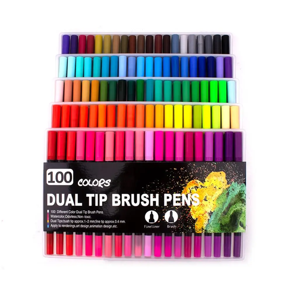 100 Colors Black Fineliner акварельные кисти маркеры двойной кончик для рисования для bullet Journal Manga 12 24 36 48 60 72 100 120 цветов Акварельная кисть - Цвет: 100 Colors Black