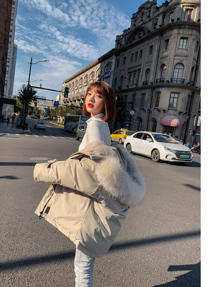

Korean-style Large Fur Collar Workwear down Jacket Women's 2019 New Style Short-height Mid-length Loose-Fit a Version-Style Park
