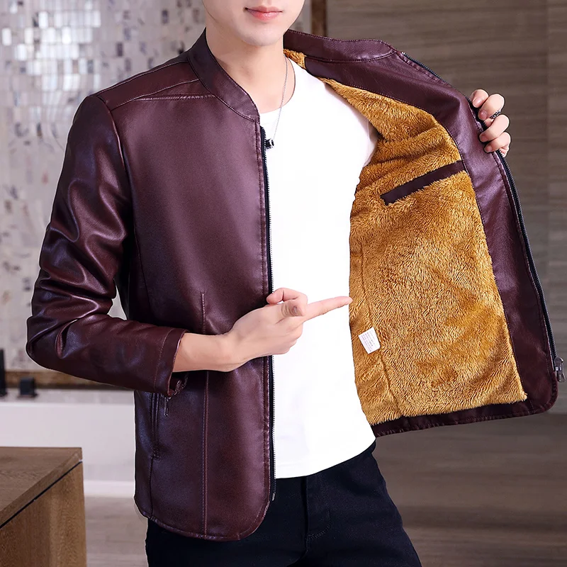 

Leather Jacket Men Plus Velvet Winter New Korean Version of The Stand-up Collar Slim Leather Jacket Casual Leather Jacket