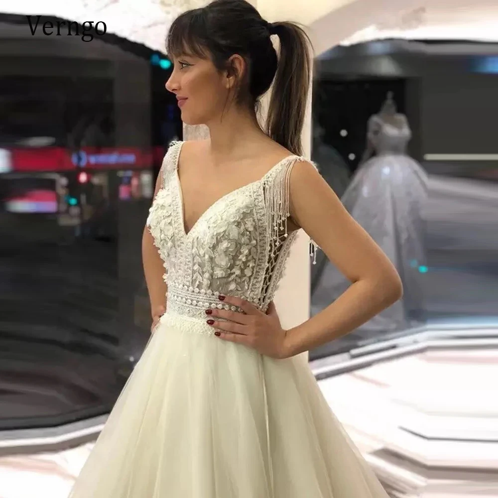 

Verngo Vintage A Line Wedding Dress For Bride Square Neck Lace 3D Flowers Tassel Applique Sweep Train Bridal Dresses Gown