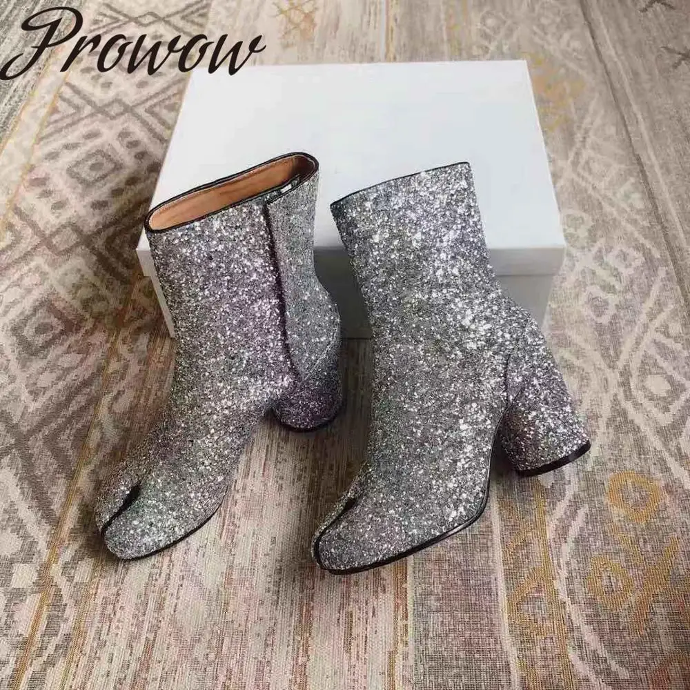 

Prowow New Genuine Leather Round Toe Ankle Boots Runway Round Heel Glitter HIgh Heel Boots Shoes Women