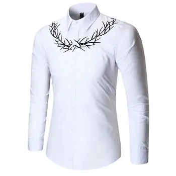 

Chic Spring Autumn Men Branch Embroidery Turn Down Collar Long Sleeve Shirt Slim Stylish Top