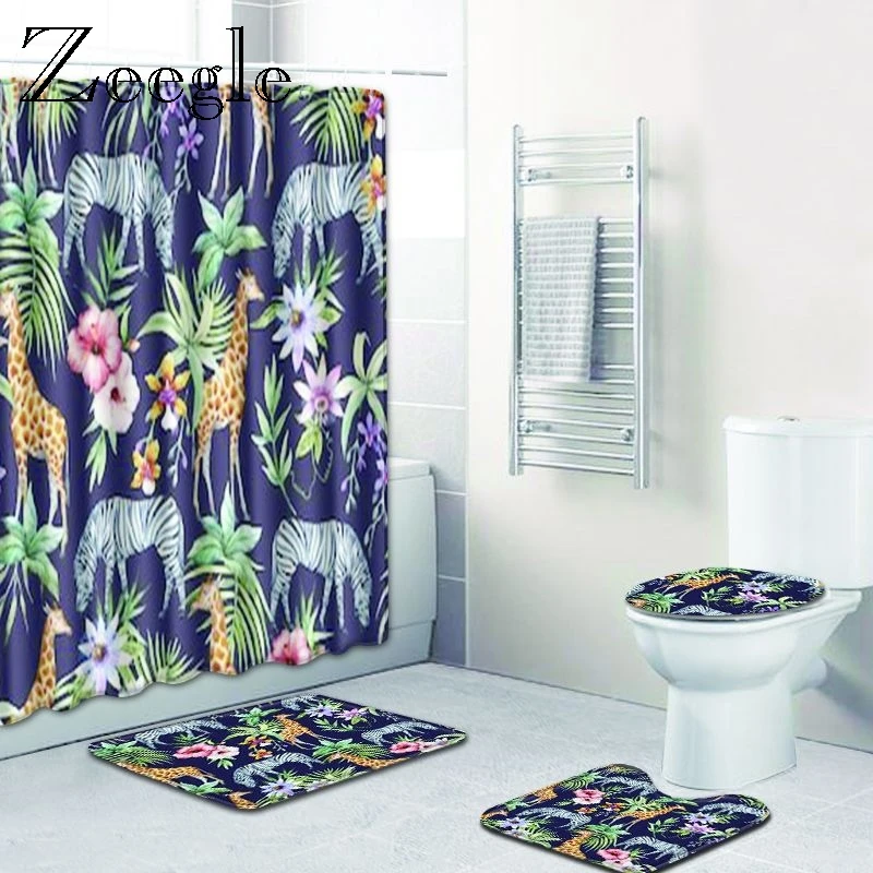 Zeegle 4Pcs/set Bathroom Mat Set 3D Printed Anti Slip Kitchen Bath Mat Coral Fleece Floor Mats Washable Bathroom Toilet Rug
