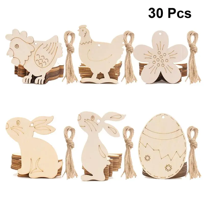 30pcs Assorted Shape Easter Pendants Delicate Wooden DIY Hanging Chips Hand Painting Hubs for Home School with Ropes | Дом и сад