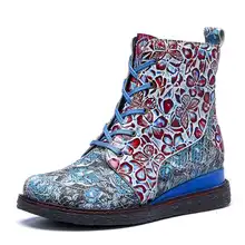  SOCOFY Women Retro Style Boots Leather Handmade Square Heel Ankle Boots Flowers Splicing Casual Outdoor Shoes botas de mujer 