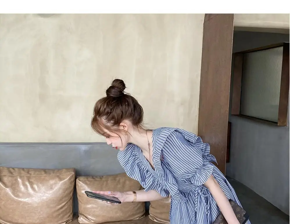 Dresses Womens Striped Fashion V-neck Simple Patchwork Sweet Blue Ulzzang Street Style Leisure All-match Summer A-line Students formal dresses