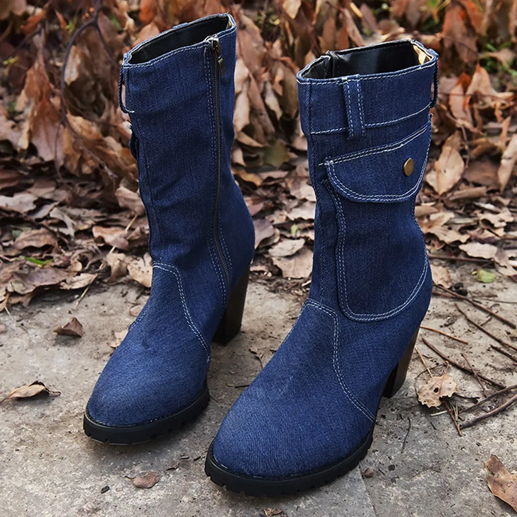Fashion Women Boots European American Style Large Size High Heel Denim Mid-Tube Platform Women's Winter Warm Boots Plus Size 40