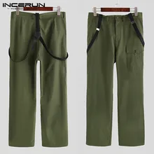 INCERUN, модные мужские брюки-карго, одноцветные, свободные карманы, кнопки, ремни-подтяжки, Повседневная Уличная одежда, брюки, мужские комбинезоны, S-5XL