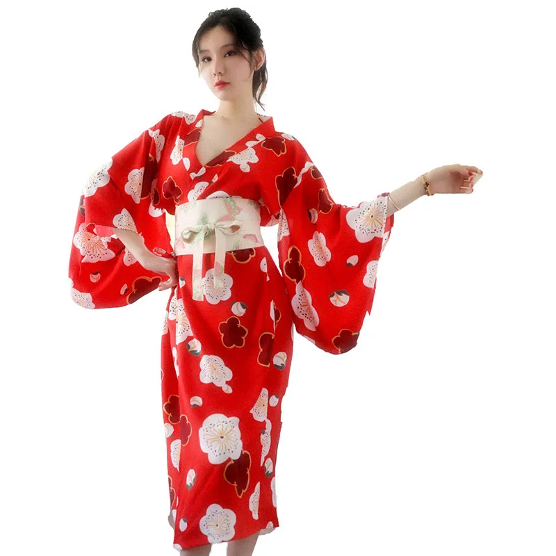 Удобная женская пижама с v-образным вырезом, платье, ночная рубашка в цветочек японский стиль, хаори, кимоно, юката, свободный сексуальный халат для женщин - Цвет: Red dress