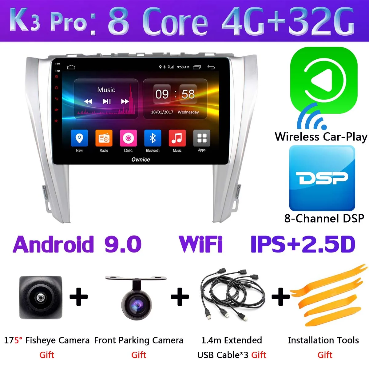 K3 Pro CarPlay 360 ° камера Android 9,0 8 ядерный 4G ram+ 64G rom 4G SIM Автомобильный мультимедийный радио для Toyota Camry V55- gps SPDIF DSP CarPlay - Цвет: K3 Pro CarPlay