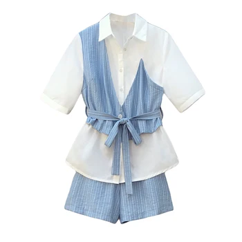 

Elegant Short Suit Women Large Plus Size Summer Cloth Shirt Top And Short Pant Stripe Two Piece Set OL Smart Big Matching Set