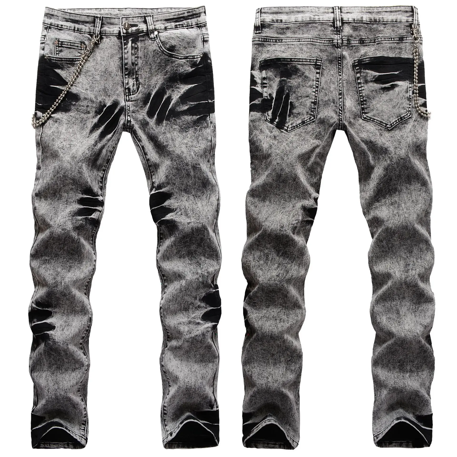 Craft Fried Snowflake Vintage Lanyard Decorative Stretch Slim Jeans Men Pleated Fashion Hip Hop 