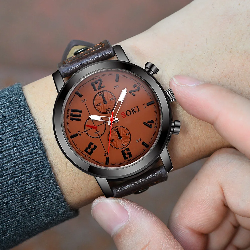 

Couple watch fashion creative big digital three-eye leather strap analog quartz business round hot watch часы мужские reloj 03