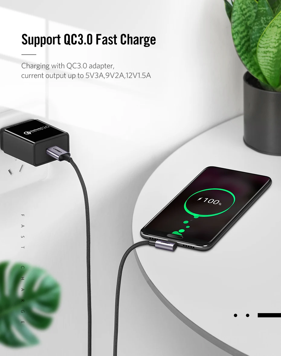 UGREEN USB C Cable Right Angle USB A to Type C 3A Fast Charger Cable for Samsung S10 S9 S8 Plus Note9 Quick Charger 3.0 USB Cord iphone charger adapter