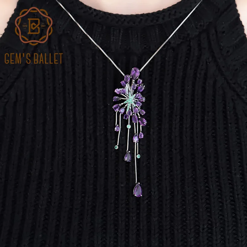 GEM'S BALLET New 8.88Ct Natural Amethyst Purple Gemstone Pendants 925 Sterling Sliver Gothic Necklace For Women Party Jewelry