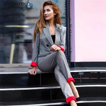 

Lugentolo Blazer Set Women Flanging Cuff Plaid Print Turn-down Collar Elastic Waist Long Sleeve Casual Fashion Women Suits