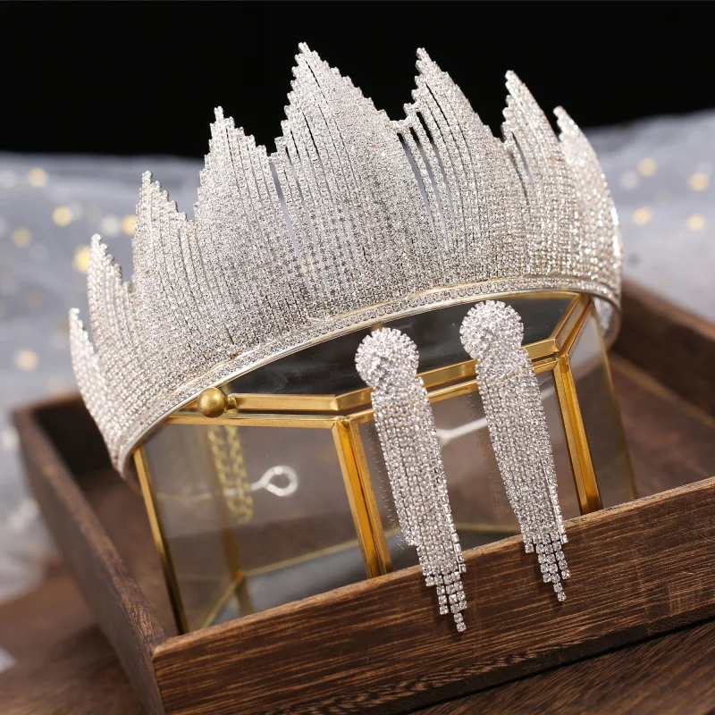 Baroque Luxury Silver Color Crystal Bridal Tiaras Crown With Earrings Rhinestone Pageant Diadem Wedding Hair Accessories Bijoux jewelry accessories jewelry set hair accessory hair headdress bridal headwear hair band crown