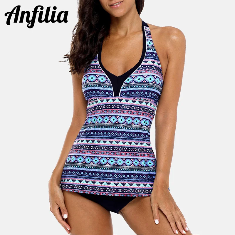 

Anfilia Women Tankini Set Two Piece Swimsuit Vintage Floral Printed Swimwear Tie Front Bathing Suit Retro Tankini