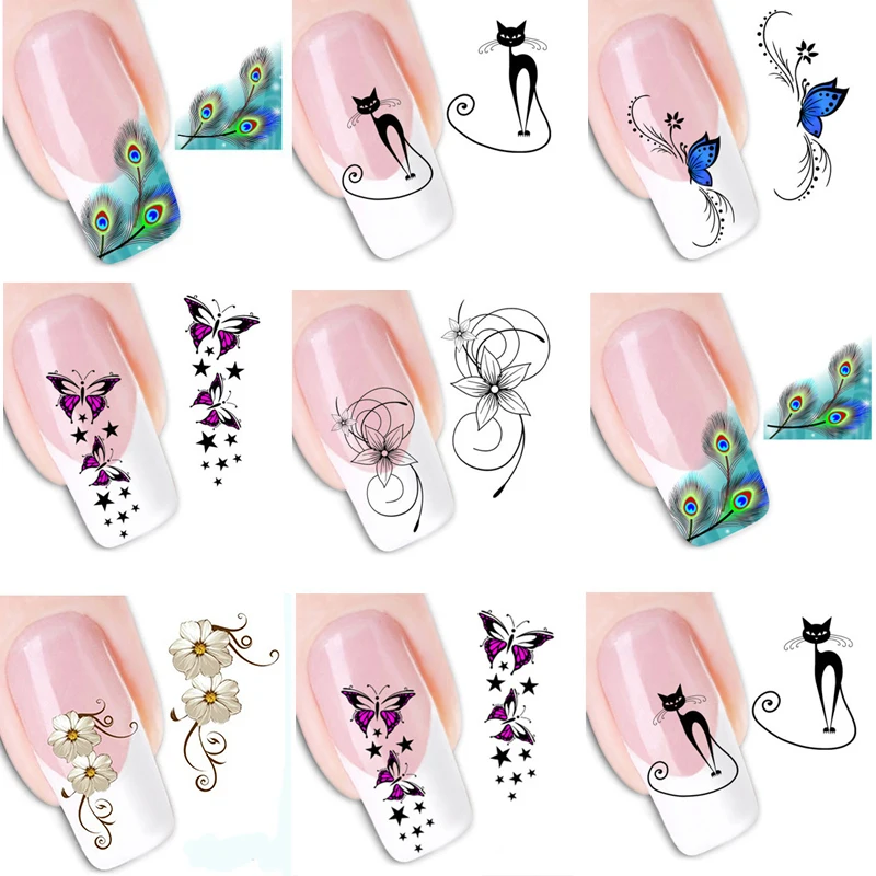 5 шт./компл. украшения для ногтей Nail Art Стикеры комплект смешанный дизайн с блестками с изображениями цветов и животных, переводка, украшение для ногтей, инструмент для маникюра