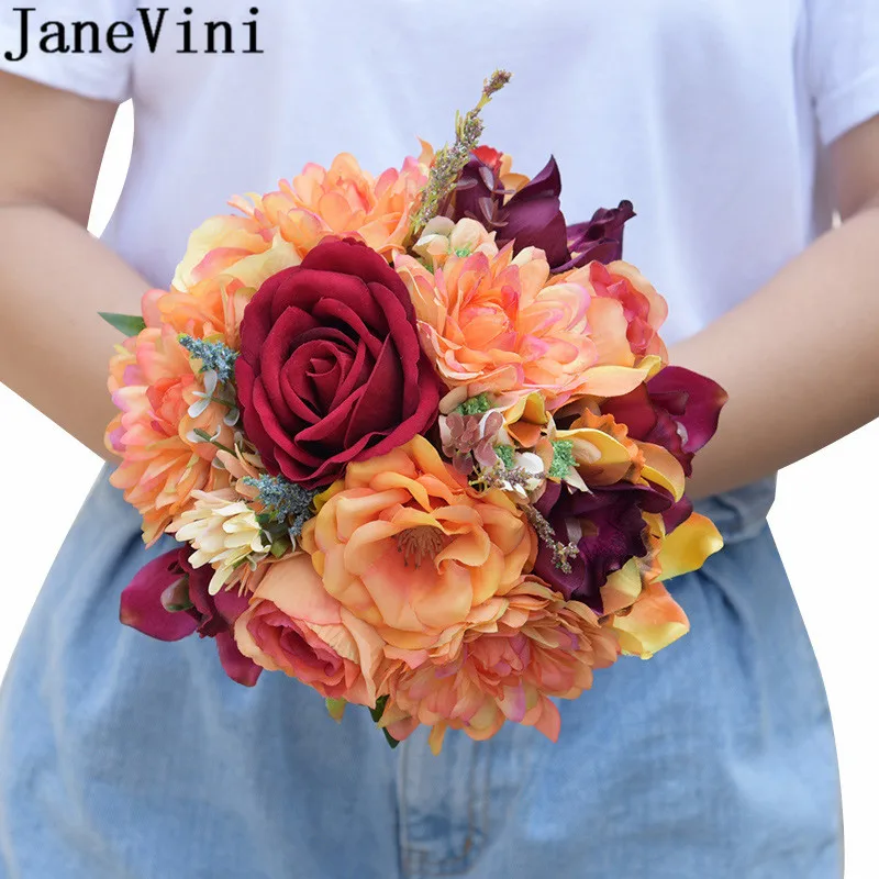 JaneVini Винтажный Оранжевый бордовый Свадебный букет искусственная Роза Шелковый цветок невесты свадебная брошь в виде букета цветов бутоньерка
