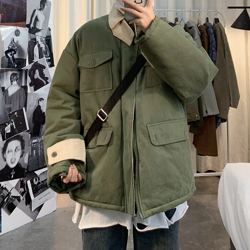 Winter Padded Jacket Men's Warm Fashion Parka Men Solid Color Casual Multi-pocket Tooling Jacket Man Wild Loose Cotton Coat