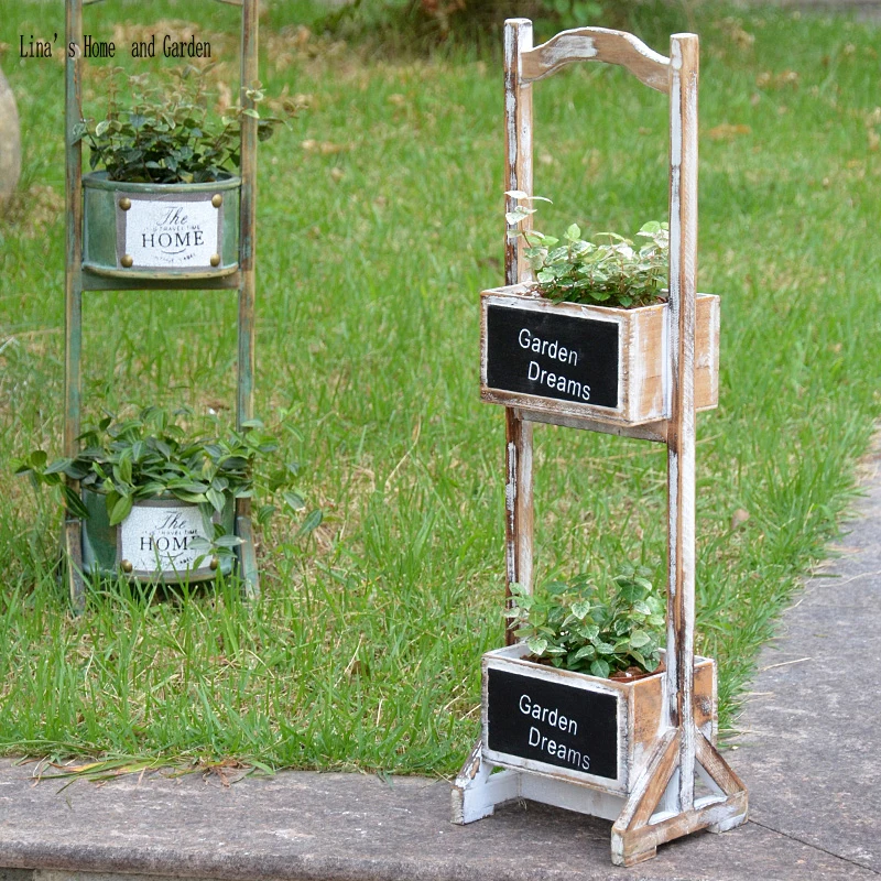 2 tier shabby chic handmade decorative wooden plant pot shelf