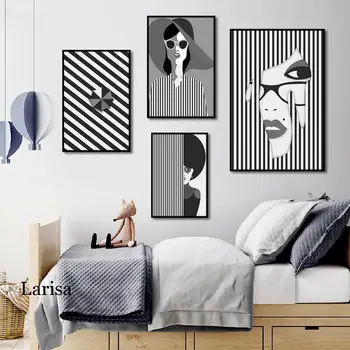 

Black and White Striped Background Canvas Painting Lady Photo Home Decoration Art Poster Print Simple and Durable Wall Painting
