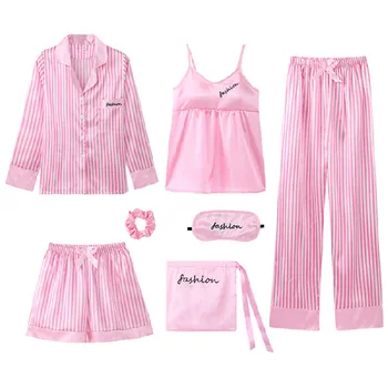

7PCS Sleepwear Pink Striped Women Pajamas Set Spring Long Sleeve Rayon Pijamas Suit Shirt&pant With Top&shorts Sexy Bathrobe