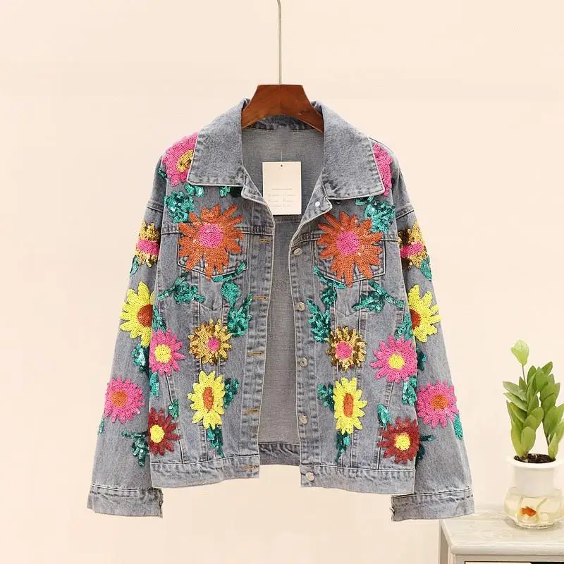 

Autumn Embroideried Sequins Sun Flower Demin Jacket Women Causal Jean Coat Long Sleeve Leisure Cowboy Jacket