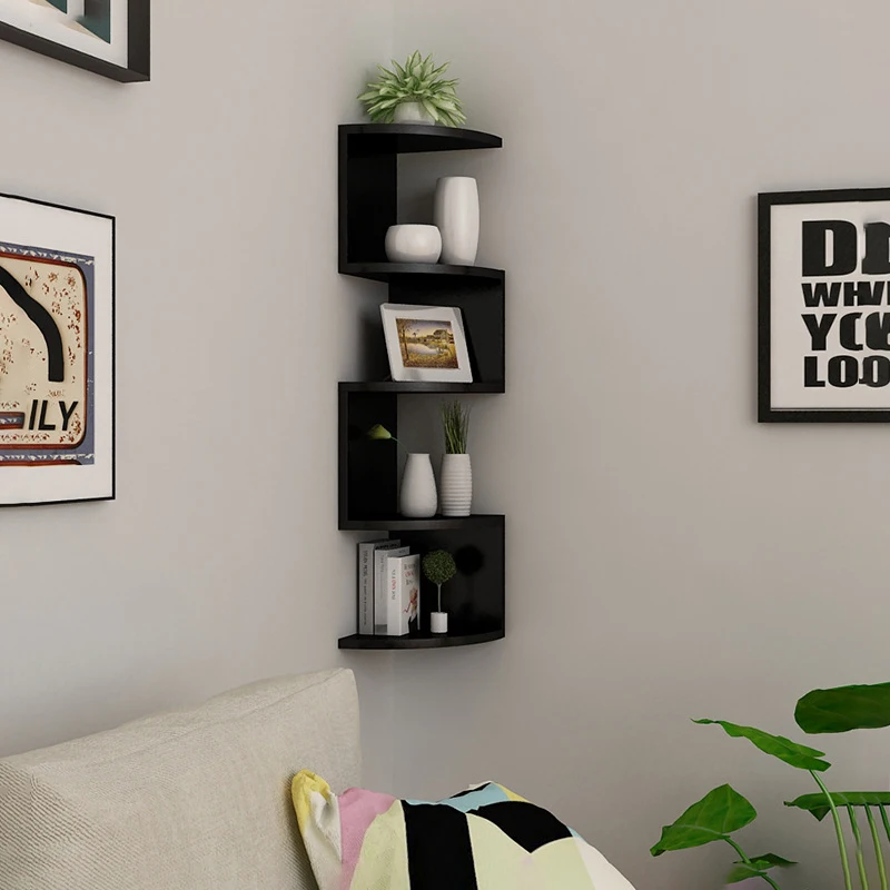 

Simple Wooden Five Layer Storage Rack Wall Mounted Corner Storage Bookshelf Living Room Bedroom Decoration Rack Easy to Install