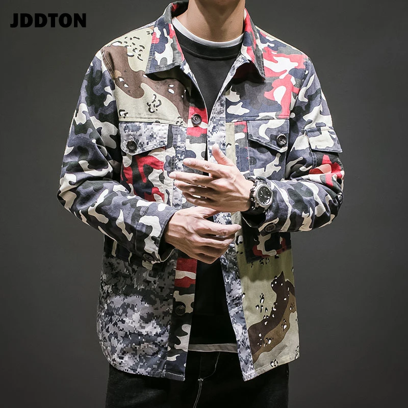 

JDDTON Men's Camouflage Patchwork Jackets Loose Outerwear Vintage Camo Bomber American Male Hip Hop Coat Casual Streetwear JE172