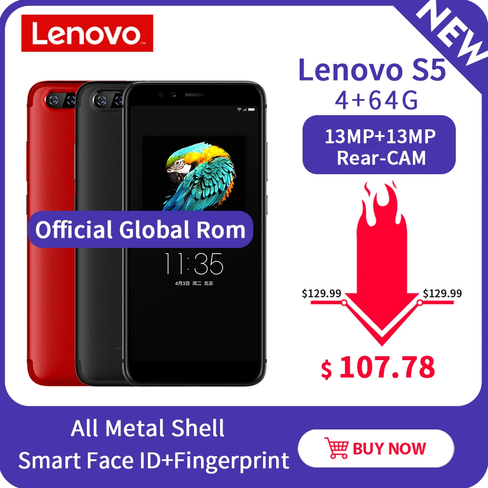 

Lenovo S5 K520 4GB 64GB ROM Snapdragon 625 Octa Core Global Version Mobile Phone Dual Rear Camera 13MP Front 16MP 4k Smartphone