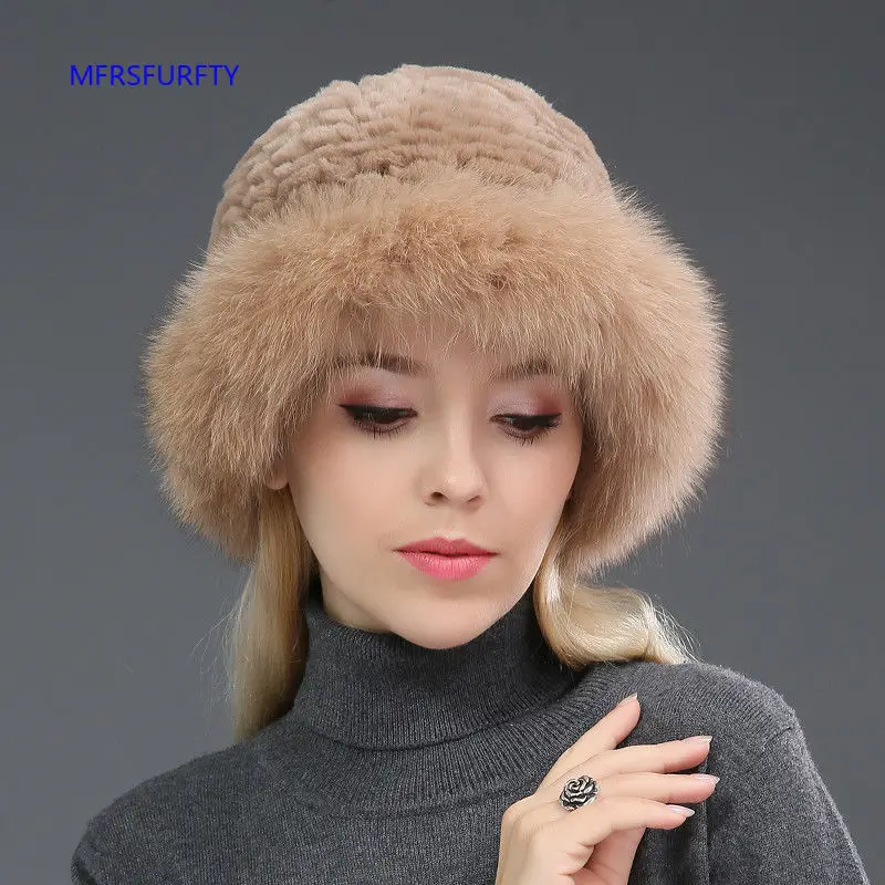 100%Real Rex Rabbit Fur Knitted Beanies Top Hat Fox Fur Brim Ladys Fur Hat Cap