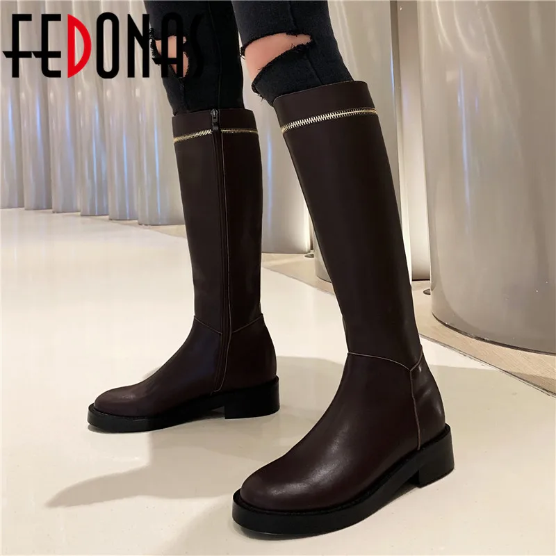 

FEDONAS Winter Concise Female Genuine Leather Riding Boots High Heels Party Shoes Woman Warm Women Long Zipper Knee High Boots