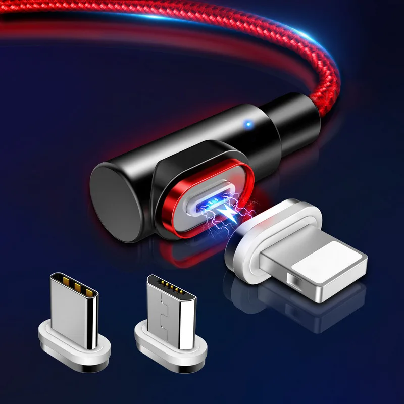 Magnetic USB Charging Cable Elbow 3.0A Fast Charge Cable For iPhone X XR Micro USB Type C Huawei Xiaomi Samsung Phone 9