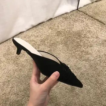 

Slippers pointed shallow mouth thin heeled half slippers ladies gentle knotted bow tie baotou sandals and slippers women's shoes