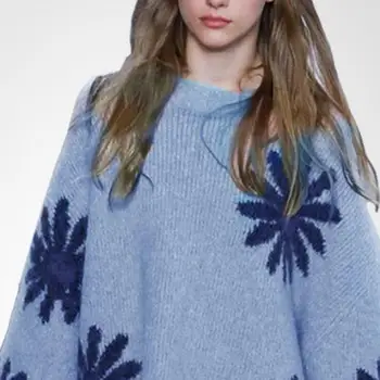 

New Women's Loose Casual Crewneck Cashmere Pullover Knitted Tops Sweater Flower