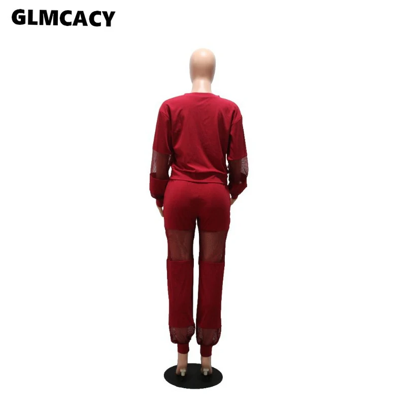 Женский красный костюм из двух частей с кружевными сетчатыми вставками, свободный спортивный костюм, пуловер с длинным рукавом, топ и свободные штаны, комплект осенней повседневной одежды