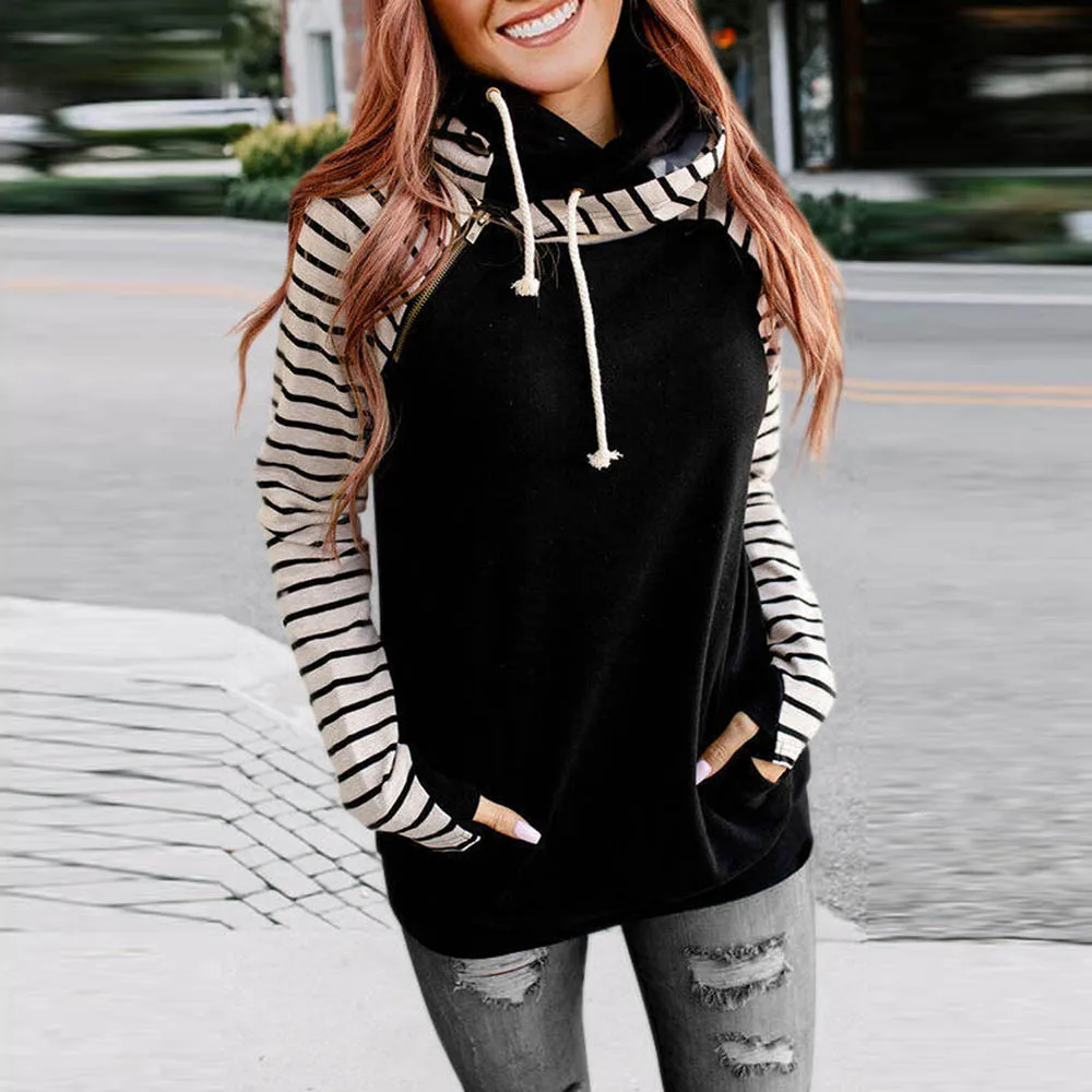 

Striped patchwork Hoodie women's autumn / winter new simple and versatile long sleeve top 2532328