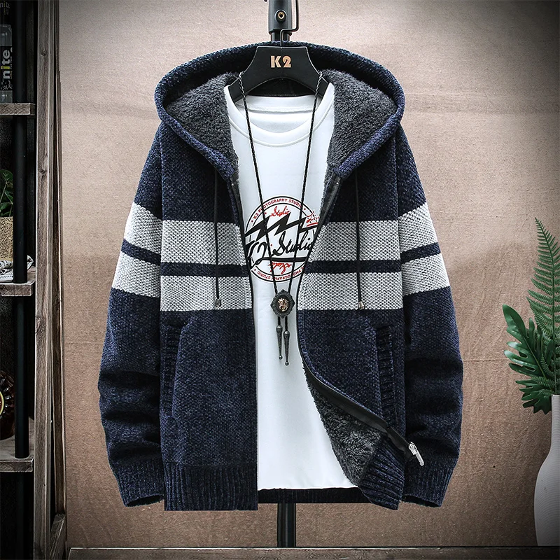 Men's Stripe Knitwear Sweater Autumn/Winter Hat Flint Heavy Wool Llined Cardigan Casual Slim Warm Jacket