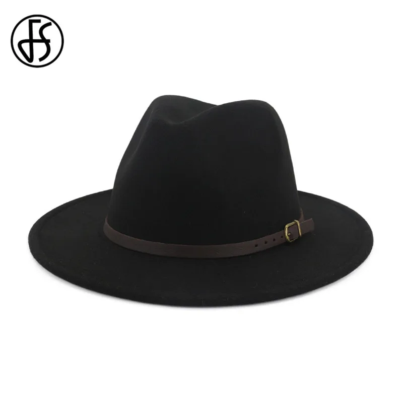 

FS Vintage Felt Jazz Fedoras Hat Women Men Classic Large Brim Trilby Cap With Belt Black Red Khaki Wool Warm Winter Autumn Caps