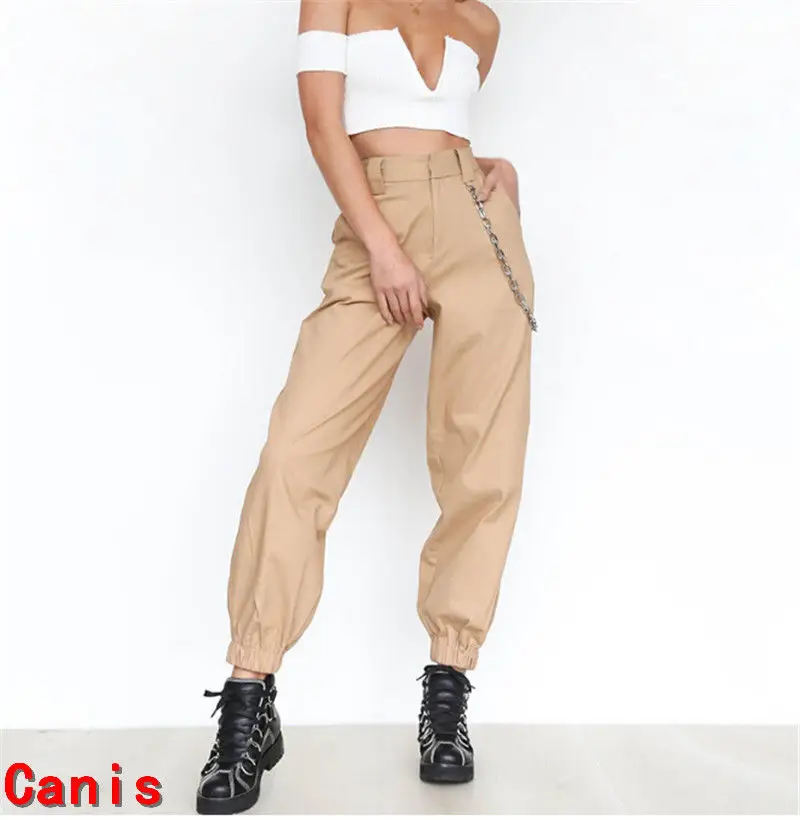 Новые модные женские брюки с высокой талией, с цепочкой, в стиле хип-хоп, армейские брюки-шаровары, леггинсы, брюки черного цвета и цвета хаки