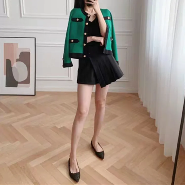 Женская куртка осень/зима контрастный круглый вырез пальто и куртки свернутые металлические пуговицы зеленый Вязаный Кардиган Куртка