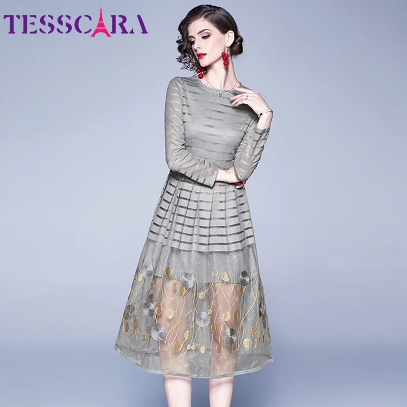 Женское Сетчатое платье с вышивкой TESSCARA элегантное дизайнерское офисное