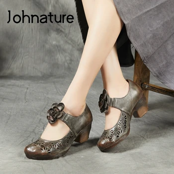 

Johnature 2020 New Spring Retro Pumps Women Shoes Genuine Leather Round Toe Casual Flower Hollow Platform Heels Ladies Shoes