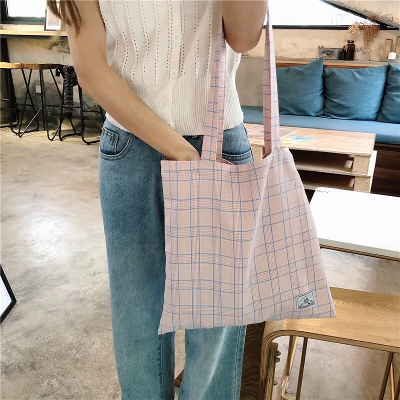 

Casual Totes Women Shoulder Bags Pink Plaid Stripe Concise Handbags Student Ladies 2020 Summer Fashion