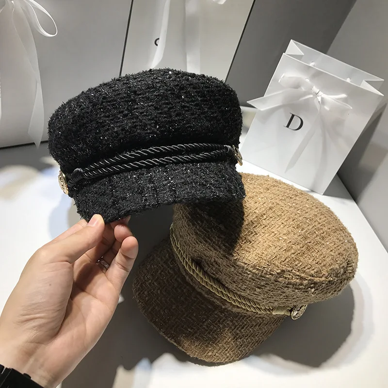 Autumn Winter Hats For Women Military Cap Shiny Wool Beret Cap British Style Flat Hats Black Vintage Captain Cap Casquette