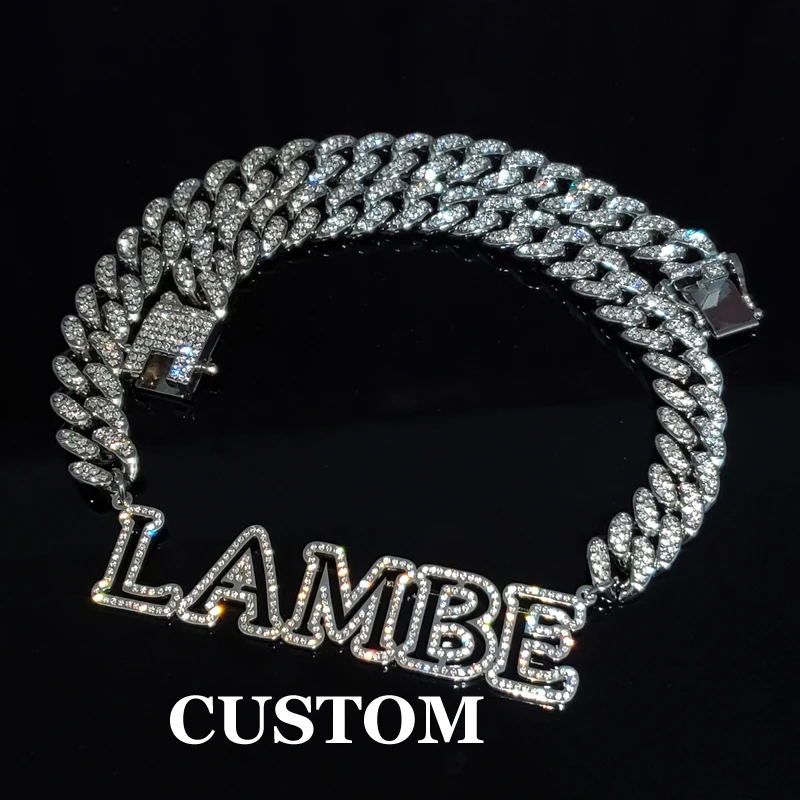 Customized Stainless Steel Name Necklace  Hollow Out Word Necklace with Rhinestone Cuban Chain for Men Women Hip hop Jewelry