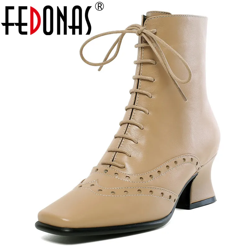 FEDONAS/женские ботильоны с перекрестной шнуровкой; сезон осень-зима; винтажная офисная обувь; женские теплые ботинки «Челси» из натуральной кожи с квадратным носком